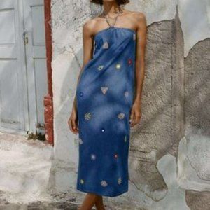 NWT ZARA EMBROIDERED MIDI DRESS  BLUE SZ M